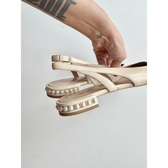 STUART WEITZMAN Ivory Leather Cap Toe Slingback Pearl Ballet Flats, Size 7.5 - Picture 4 of 16